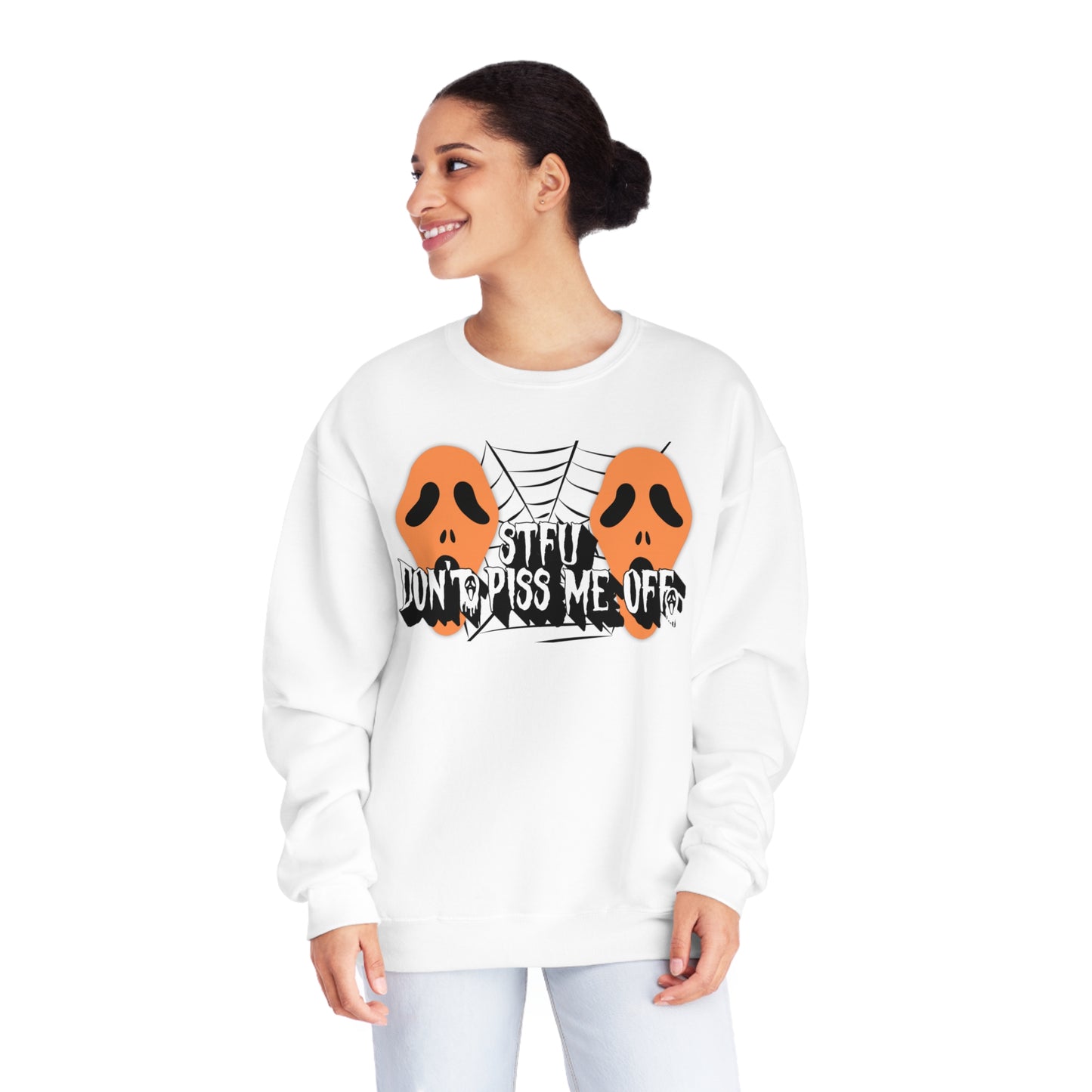 Funny Quote halloween STFU Sweatshirt, Gift for Sarcastic Friend, Crewneck Jumper, Humorous Pullover, Unisex Apparel