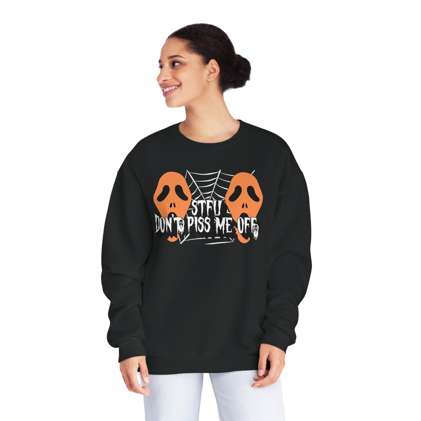 Funny Quote halloween STFU Sweatshirt, Gift for Sarcastic Friend, Crewneck Jumper, Humorous Pullover, Unisex Apparel